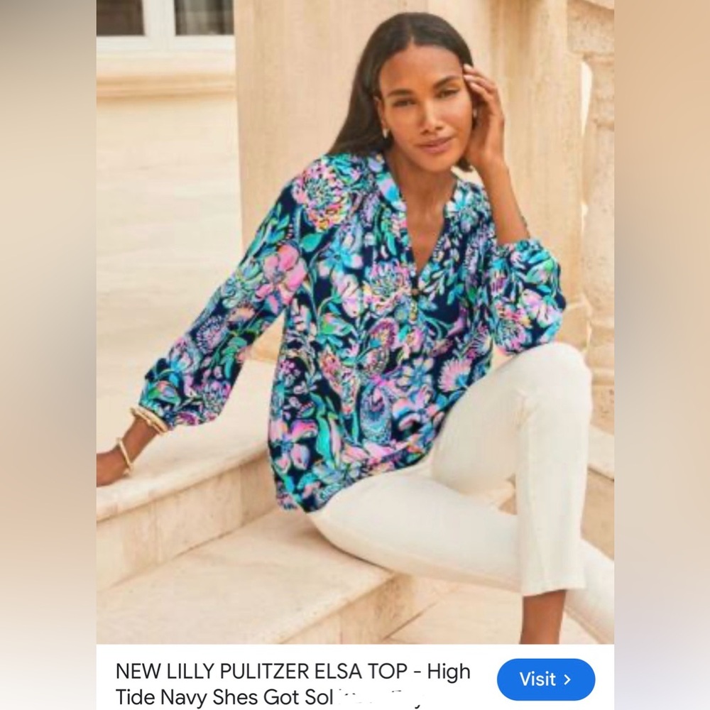 Lilly Pulitzer Women's Navy Floral V-Neck Blouse with Pink & Aqua Accents S